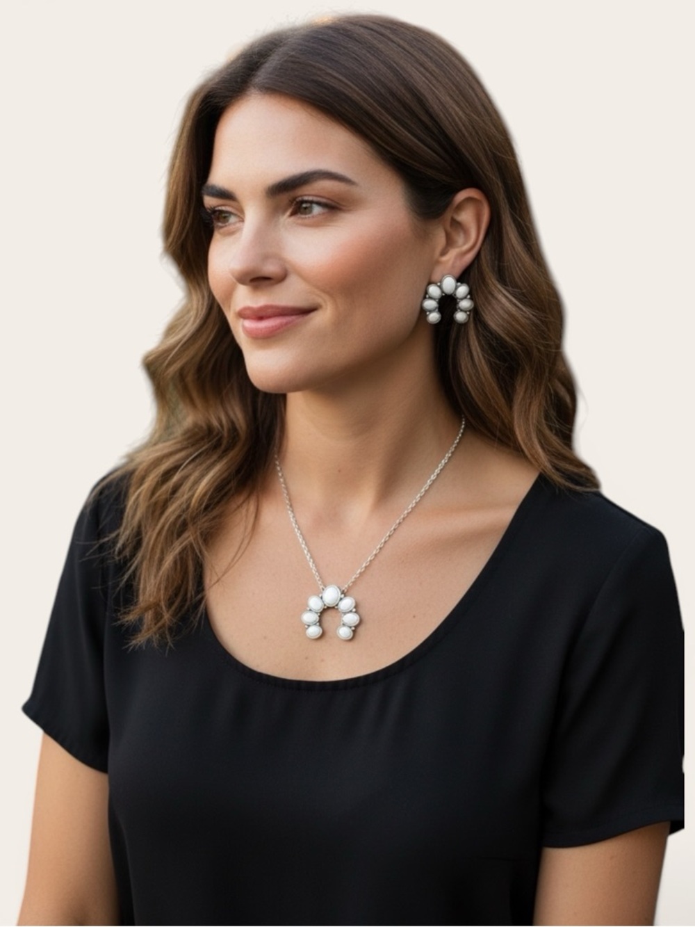 Squash Blossom Turquoise Necklace Earring Set Western Boho White Buffalo Silver